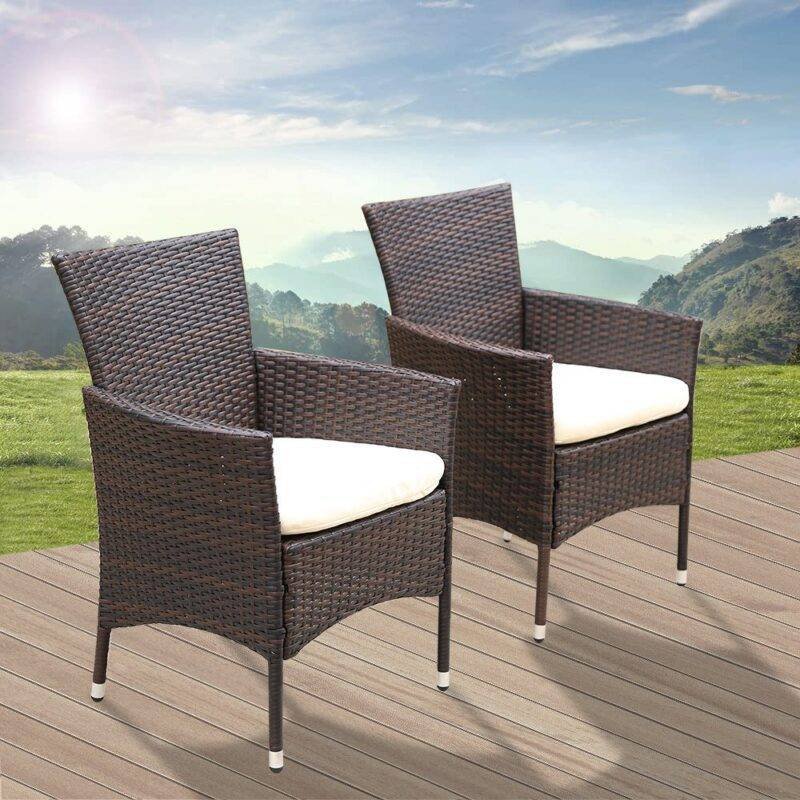 Dark Brown Patio Dining Chairs Set of 2 with Cream Cushion - Image 3