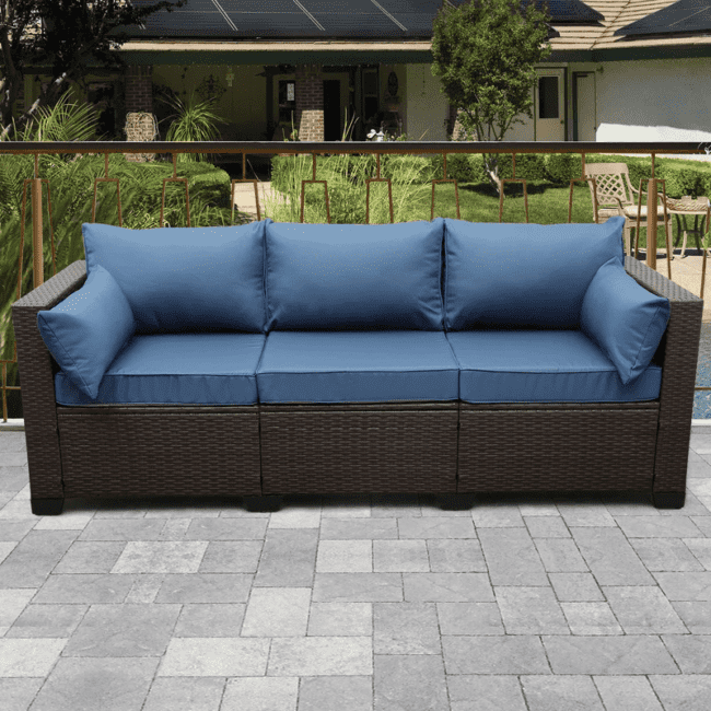 Dark Brown & Navy Blue 3-Seater Patio Wicker Sofa (High Back, Non-Slip Cushioned)