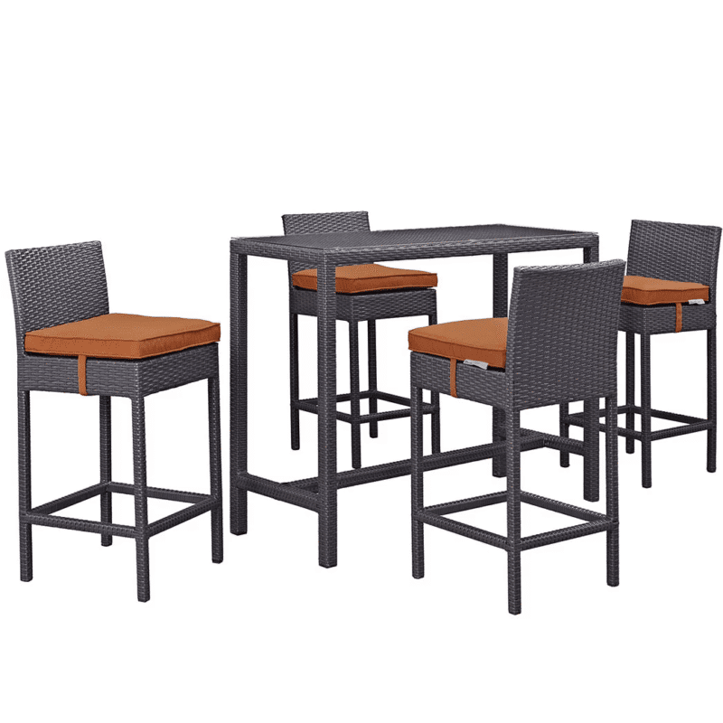 DEVOKO 5 Piece Patio Wicker Dining Bar Set Outdoor Rattan Furniture(Dark Brown & Orange) - Image 4