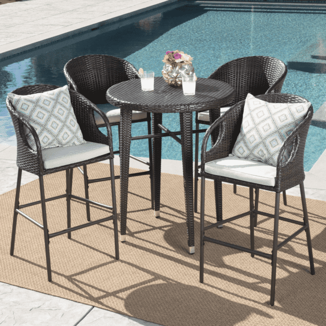 DEVOKO 5-Piece Rattan Wicker Patio Bar Set(Dark Brown & Off-white) - Image 4