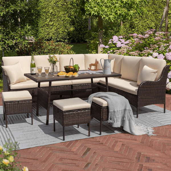 DEVOKO 6 Piece Outdoor Patio Furniture Set (Dark Brown & Cream)