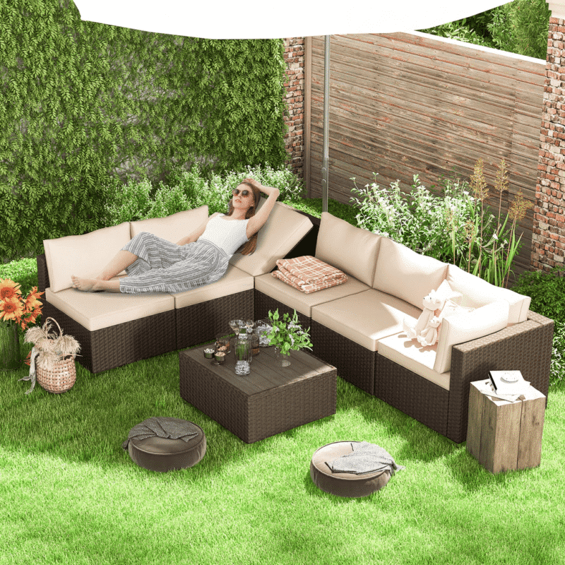 DEVOKO Outdoor Sectional Wicker Patio Furniture (Dark Brown & Cream) - Image 5