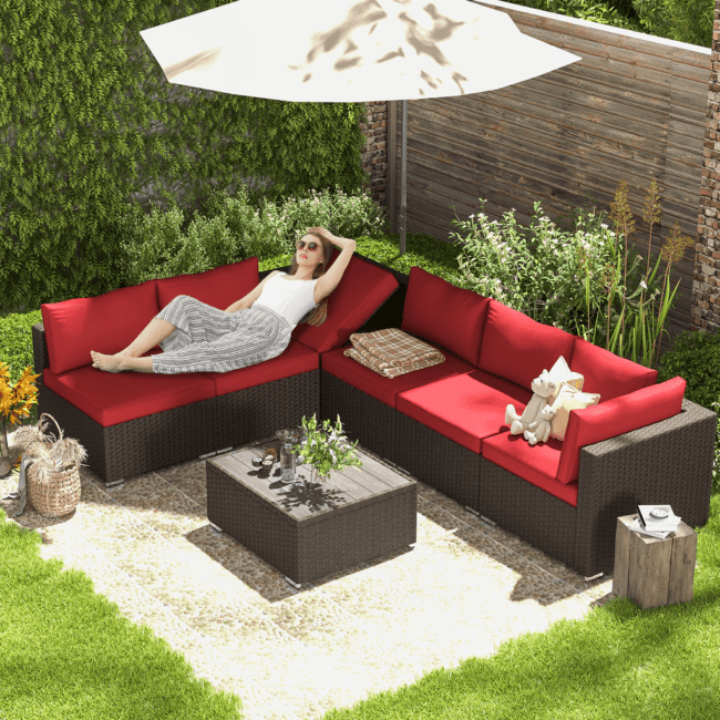 DEVOKO Outdoor Sectional Furniture 3 Piece (Dark Brown & Red) - Image 3