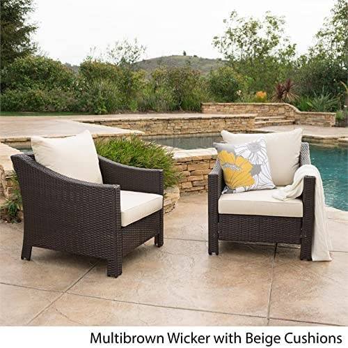 All-Weather Wicker Patio Arm Sofa Chair ( Dark Brown & Cream)