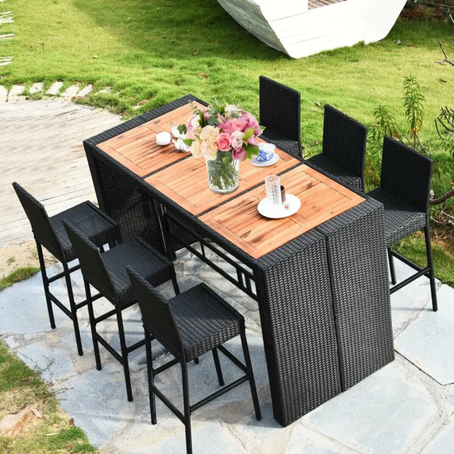 DEVOKO 7 Piece Patio Table and Chairs, All Weather Wicker Outdoor Furniture Bar Set (Black & White) - Image 3