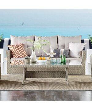 DEVOKO 3-Seater Wicker Rattan Patio Sofa with Cushions (Beige & Cream)