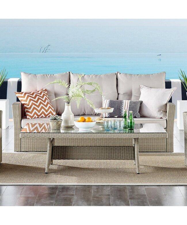 DEVOKO 3-Seater Wicker Rattan Patio Sofa with Cushions (Beige & Cream)