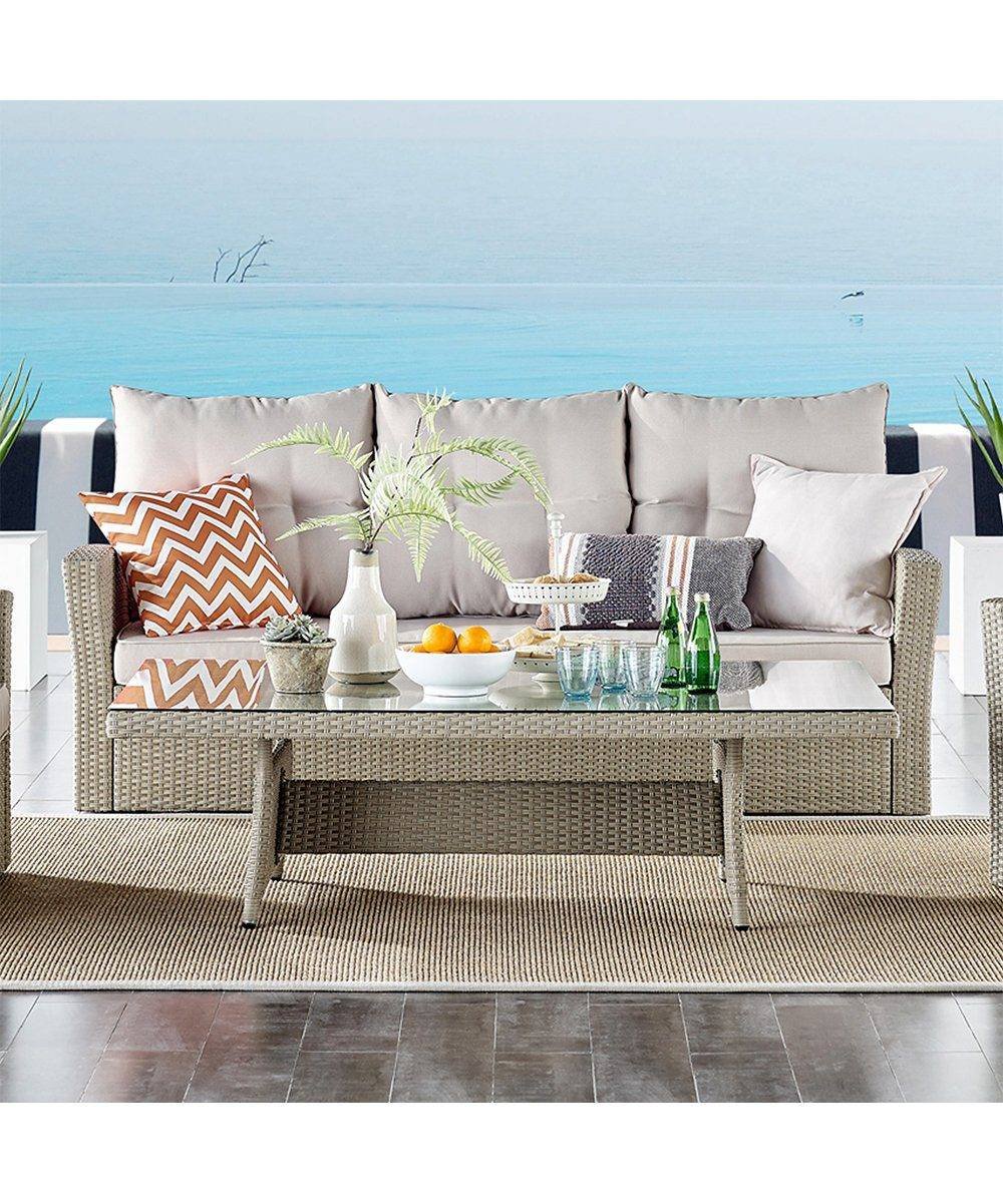 DEVOKO 3-Seater Wicker Rattan Patio Sofa with Cushions (Beige & Cream)