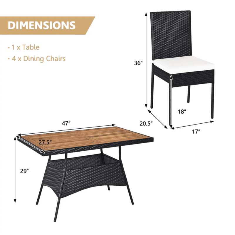 DEVOKO 5PCS Rattan Patio Dining Set Outdoor Cushion Wooden Tabletop (Black & White) - Image 2