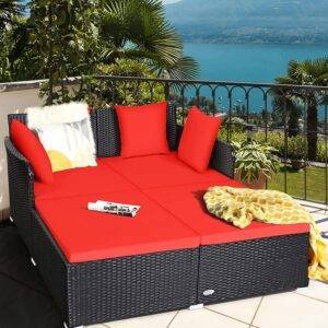 DEVOKO Rattan Daybed Patio Loveseat Sofa Set (Black & Red)