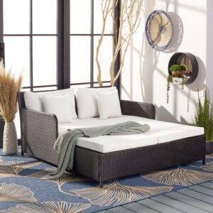 DEVOKO Rattan Daybed Patio Loveseat Sofa Set (Dark Brown & White)