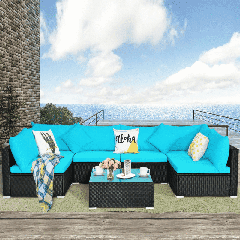 5 Pieces Outdoor Patio Furniture Wicker Sectional Sofa Set (Turquoise Blue and Black) - Image 3