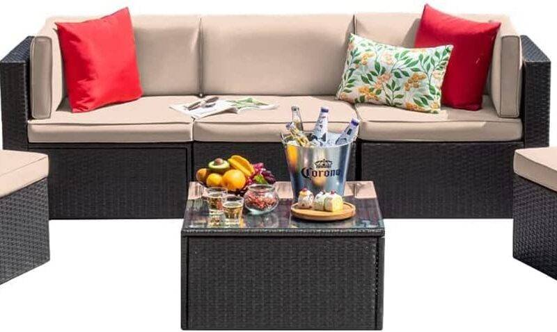 DEVOKO 4 Pieces Outdoor Patio Wicker Conversation Furniture Set (Dark Brown & Cream) - Image 3