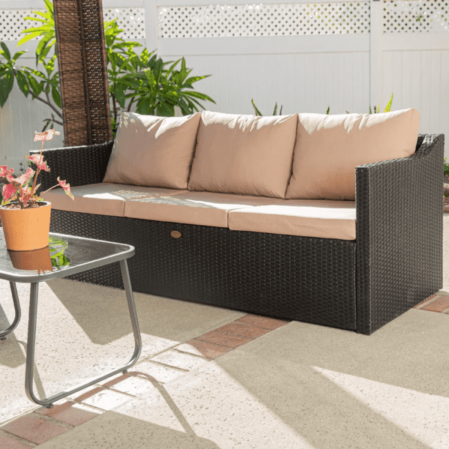 3-Seater Wicker Rattan Patio Sofa with Cushions (Dark Brown & Cream)