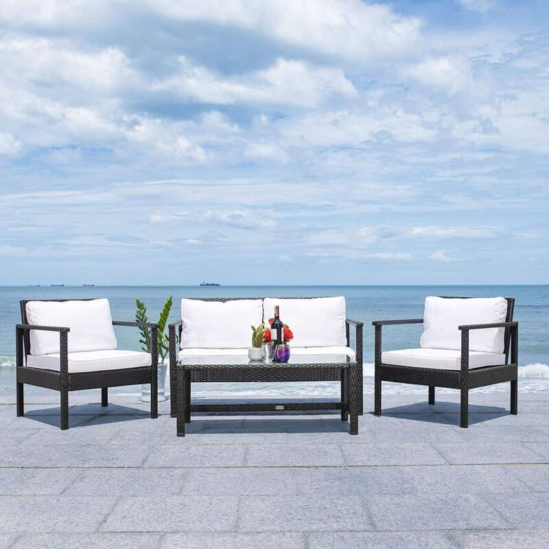 DEVOKO 4 Pcs Patio Furniture Wicker Rattan Conversation Set Outdoor Sofa with Coffee Table(Black & White) - Image 3