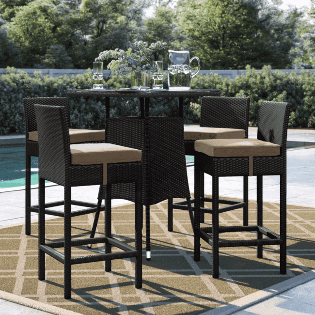 DEVOKO 5 Piece Patio Heighted Wicker Bar Set Outdoor Furniture(Dark Brown & Beige) - Image 4