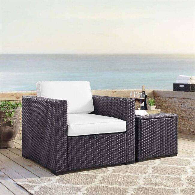 DEVOKO Patio Wicker Sofa 1-Seat and Table (Dark Brown & White)