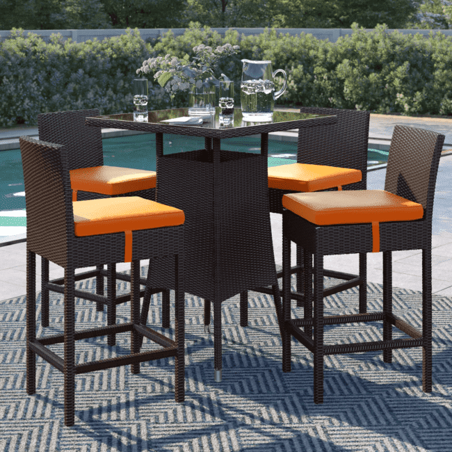 DEVOKO 5 Piece Patio Heighted Wicker Bar Set Outdoor Furniture(Dark Brown & Orange) - Image 6