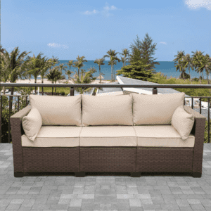 Dark Brown & Cream 3-Seater Patio Wicker Sofa (High Back, Non-Slip Cushioned)