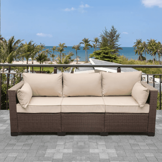 Dark Brown & Cream 3-Seater Patio Wicker Sofa (High Back, Non-Slip Cushioned)