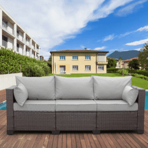 Dark Brown & Grey 3-Seat Patio Wicker Sofa (High Back, Non-Slip Cushioned)