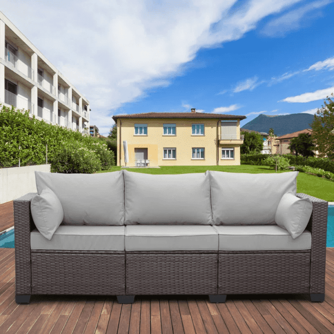 Dark Brown & Grey 3-Seat Patio Wicker Sofa (High Back, Non-Slip Cushioned)