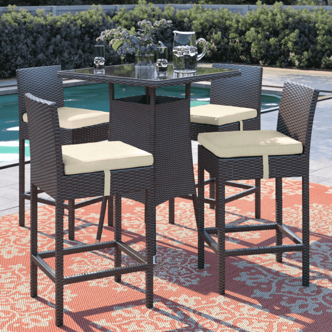DEVOKO 5 Piece Patio Heighted Wicker Bar Set Outdoor Furniture(Dark Brown & Off-white) - Image 6