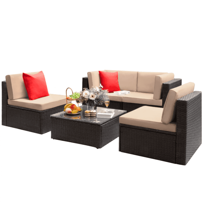 DEVOKO 4 Pieces Outdoor Patio Sectional Sofa Couch (Dark Brown, Cream) - Image 3