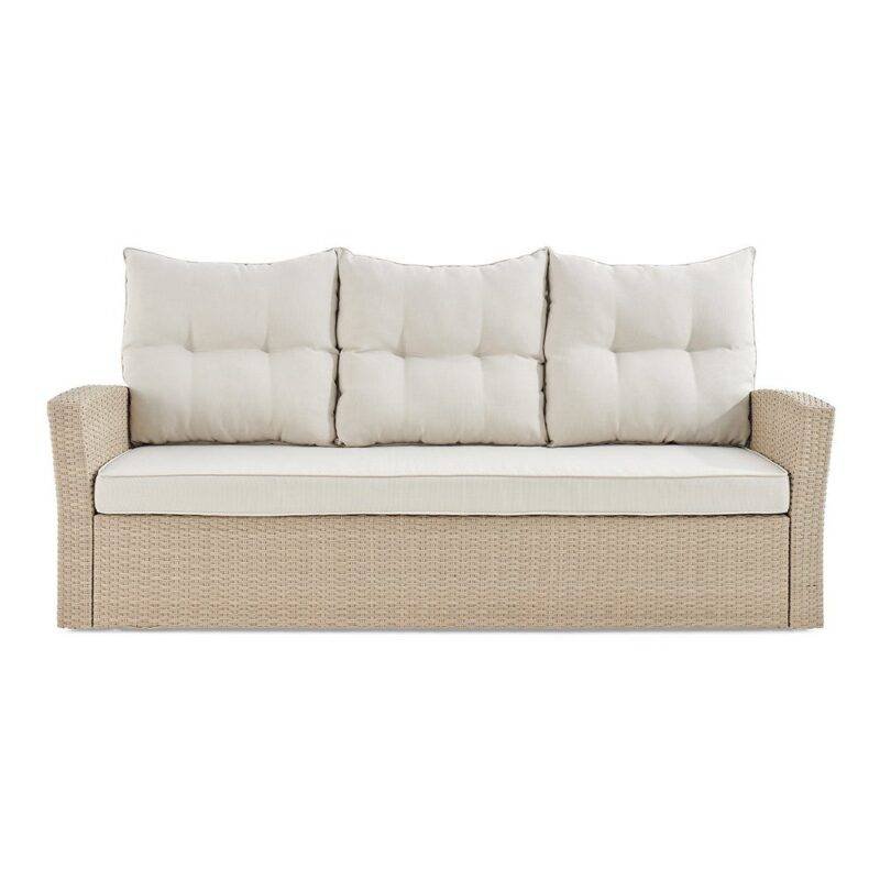 DEVOKO 3-Seater Wicker Rattan Patio Sofa with Cushions (Beige & Cream) - Image 4
