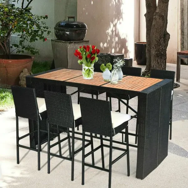 DEVOKO 7 Piece Patio Table and Chairs, All Weather Wicker Outdoor Furniture Bar Set (Black & White)