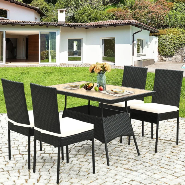 DEVOKO 5PCS Rattan Patio Dining Set Outdoor Cushion Wooden Tabletop (Black & White) - Image 3