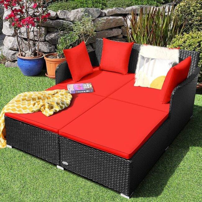 DEVOKO Rattan Daybed Patio Loveseat Sofa Set (Black & Red) - Image 4