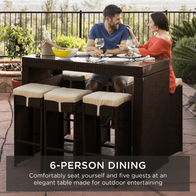 7-Piece Outdoor Wicker Bar Dining Set (Dark Brown & Cream) - Image 4