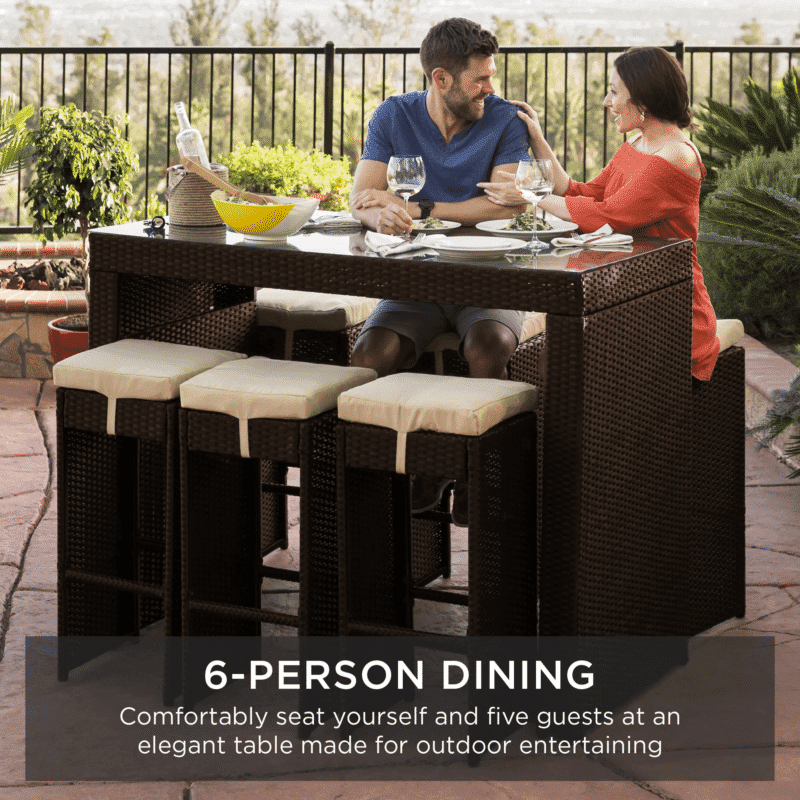 7-Piece Outdoor Wicker Bar Dining Set (Dark Brown & Cream) - Image 4