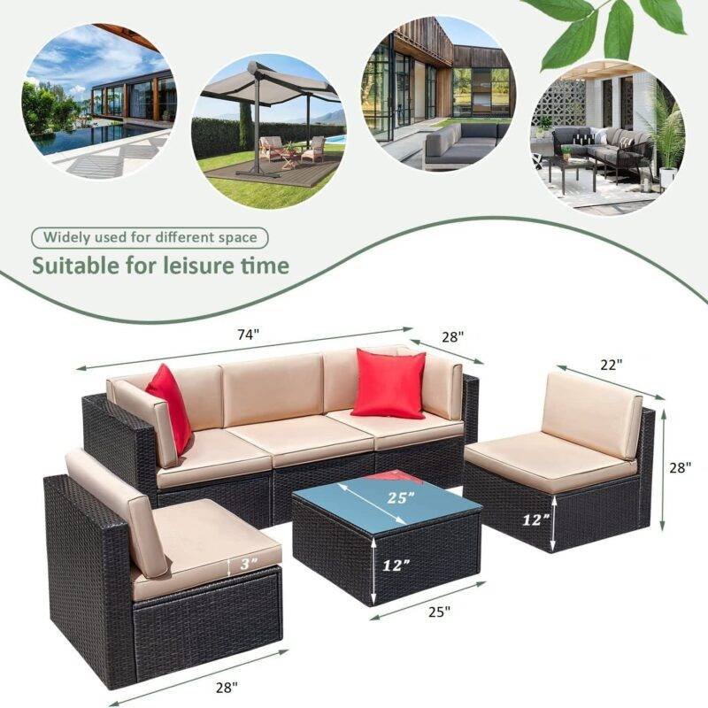 DEVOKO 4 Pieces Outdoor Patio Wicker Conversation Furniture Set (Dark Brown & Cream) - Image 2