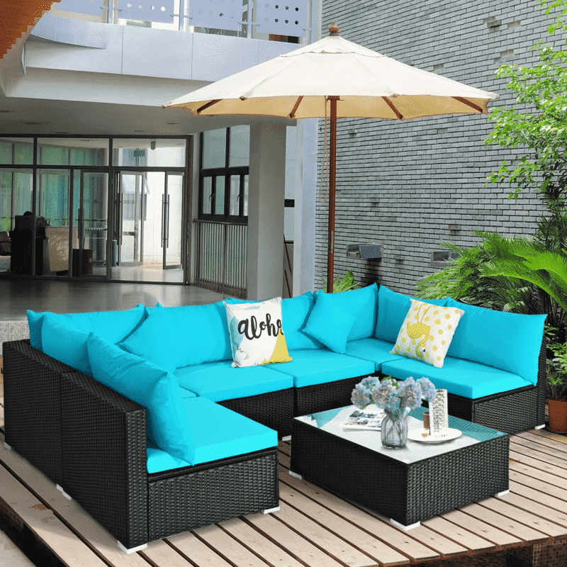 5 Pieces Outdoor Patio Furniture Wicker Sectional Sofa Set (Turquoise Blue and Black) - Image 4