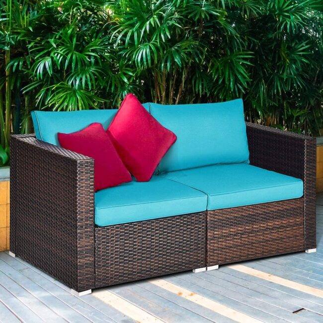 DEVOKO Outdoor Sectional Rattan Sofa Set (Dark Brown & Sky Blue)