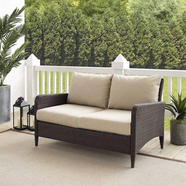DEVOKO Wicker Patio Sofa with Cushion (Dark Brown/Cream) - Image 5