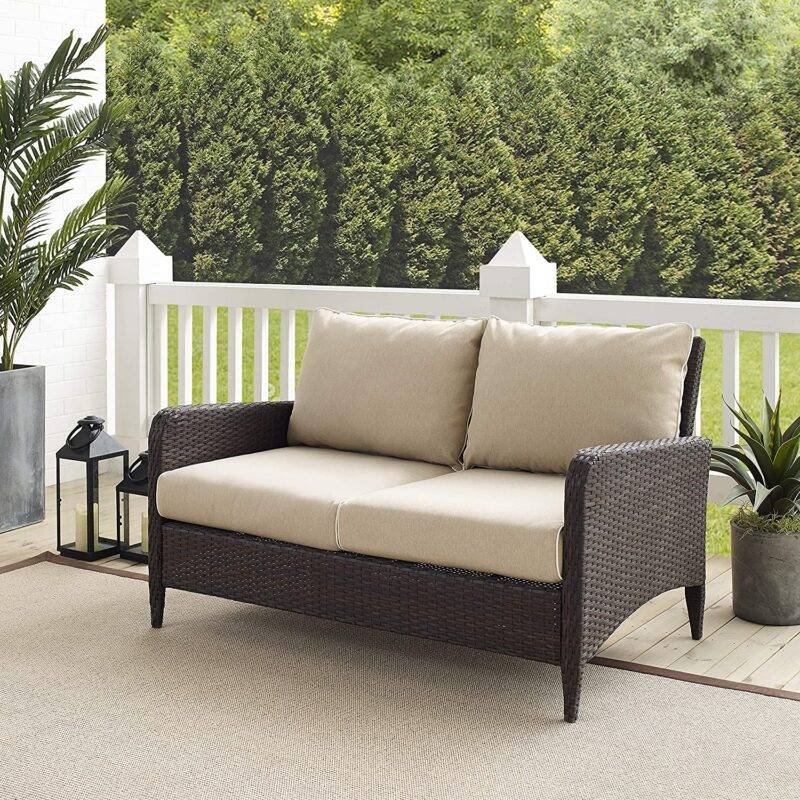 DEVOKO Wicker Patio Sofa with Cushion (Dark Brown/Cream) - Image 5