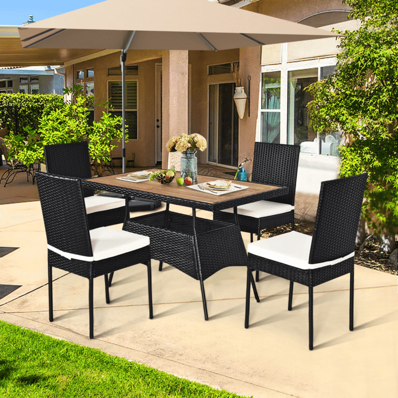 DEVOKO 5PCS Rattan Patio Dining Set Outdoor Cushion Wooden Tabletop (Black & White) - Image 4