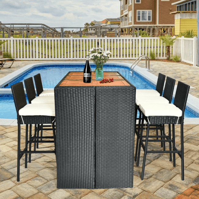 DEVOKO 7 Piece Patio Table and Chairs, All Weather Wicker Outdoor Furniture Bar Set (Black & White) - Image 5