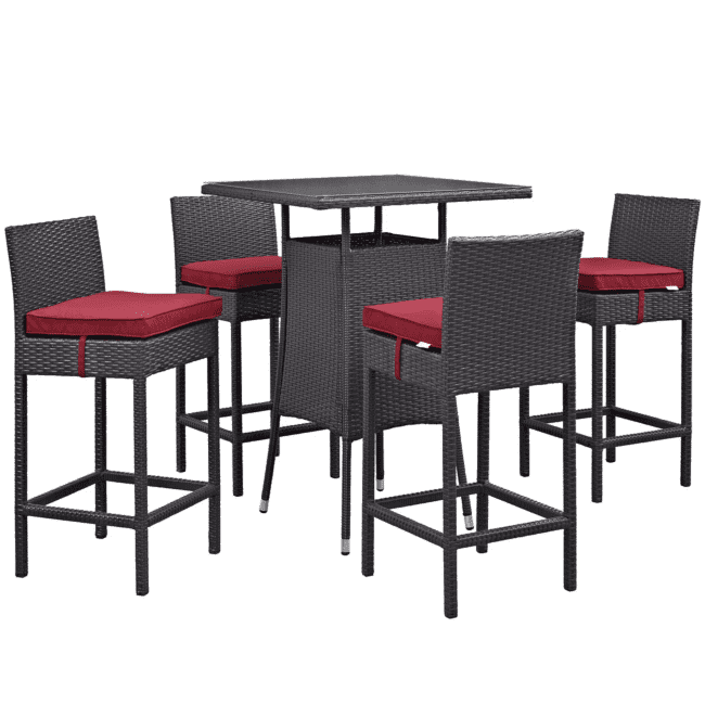 DEVOKO 5 Piece Patio Heighted Wicker Bar Set Outdoor Furniture(Dark Brown & Red) - Image 5