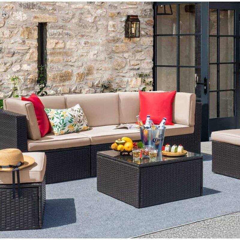 DEVOKO 4 Pieces Outdoor Patio Wicker Conversation Furniture Set (Dark Brown & Cream) - Image 4