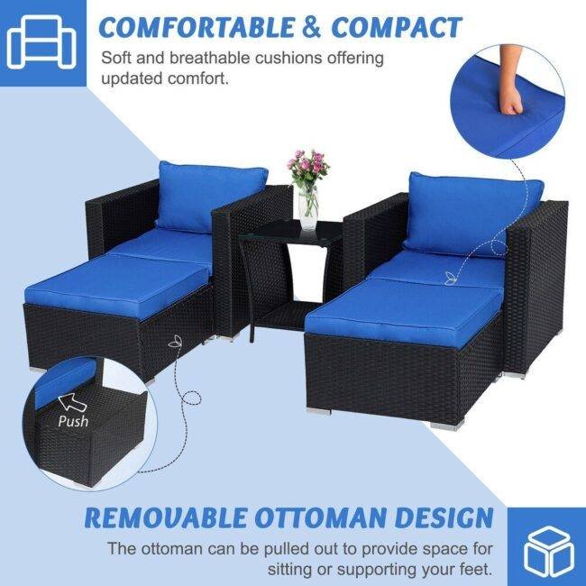 5pc Patio Rattan Set (Black/Blue) - Image 5