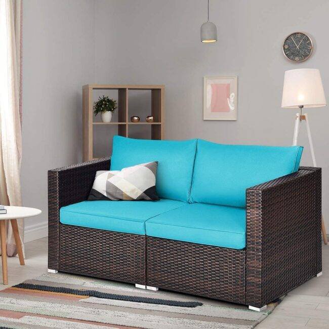DEVOKO Outdoor Sectional Rattan Sofa Set (Dark Brown & Sky Blue) - Image 4