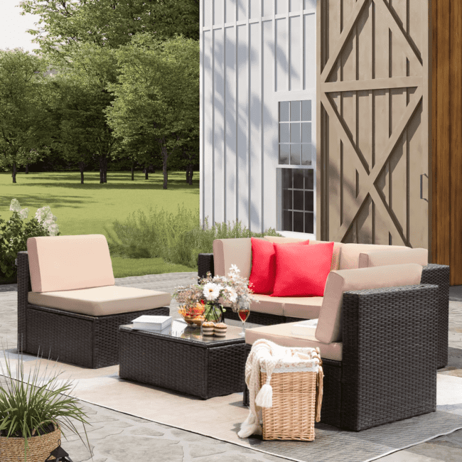 DEVOKO 4 Pieces Outdoor Patio Sectional Sofa Couch (Dark Brown, Cream) - Image 4