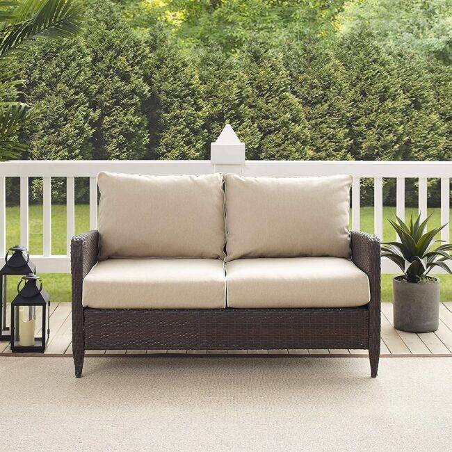 DEVOKO Wicker Patio Sofa with Cushion (Dark Brown/Cream)