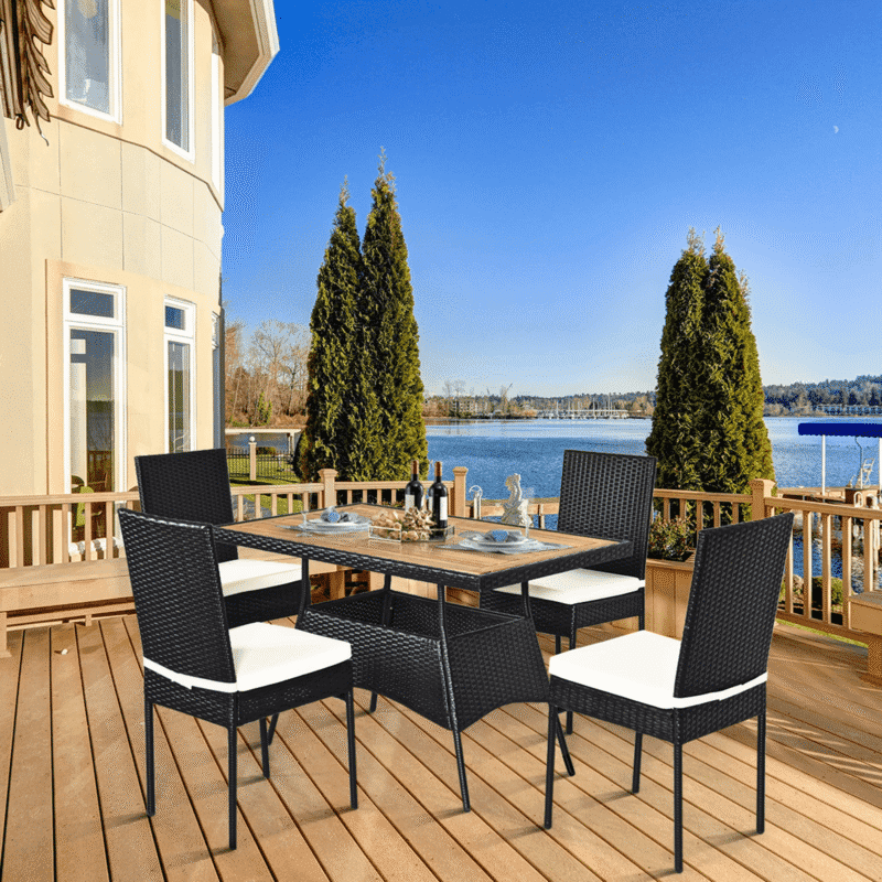 DEVOKO 5PCS Rattan Patio Dining Set Outdoor Cushion Wooden Tabletop (Black & White) - Image 5