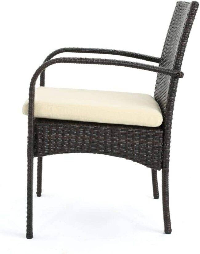 Dark Brown Rattan Patio Dining Chairs with Cream Cushion - Image 5