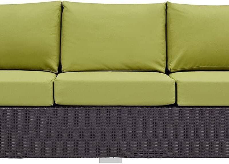 Dark Brown 3-Seater Wicker Rattan Patio Sofa & Green Cushions - Image 7